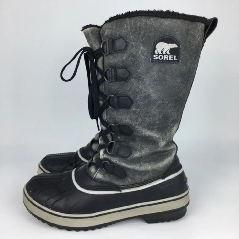 Sorel Tivoli Winter Snow Waterproof Boots Lace Up Distressed Grey Black Size 9.5